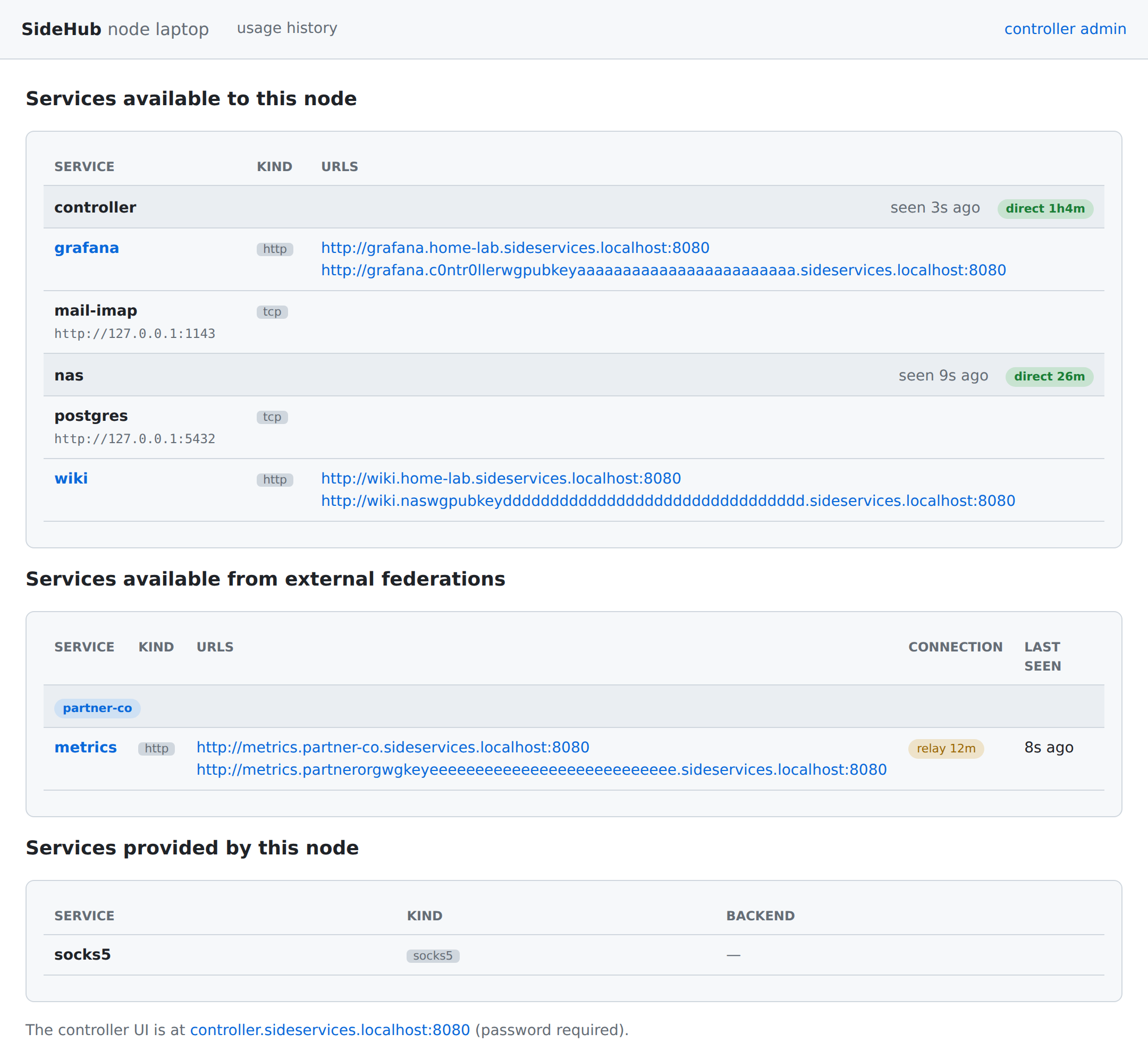 A node's service list at sideservices.localhost, full size.